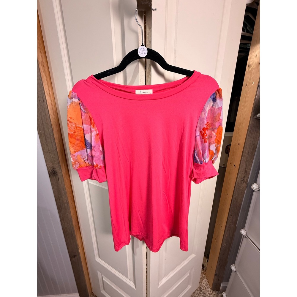 Les Amis Hot Pink Floral Puff Sleeve Knit Top Scoop Neck Mixed Media Blouse